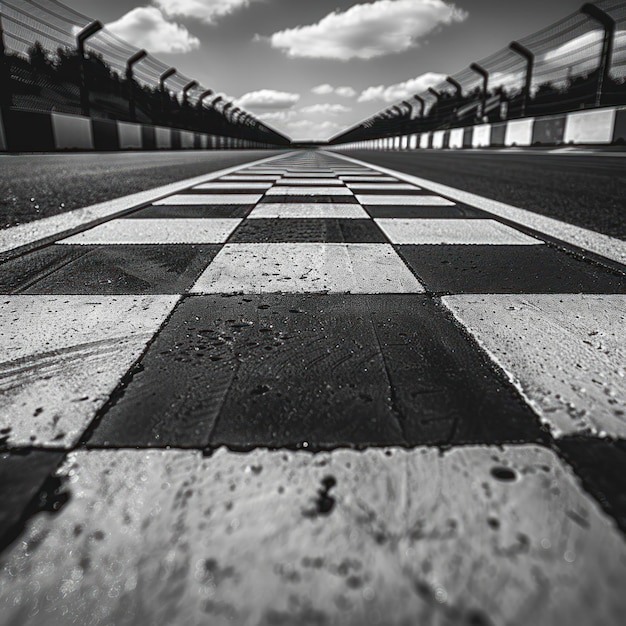 Photo black and white checkered finish line on an empty race track with space to copy or design