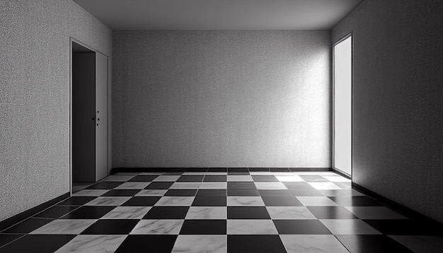 A black and white checkered floor in a room with a door to the left