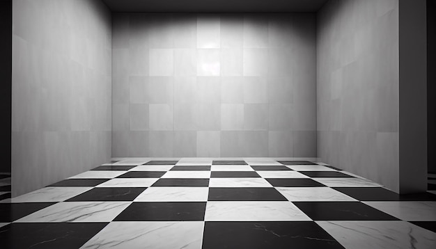 A black and white checkered floor in a studio empty room