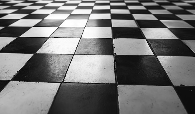 Black and white checkered floor tiles arranged in a repetitive pattern