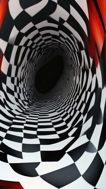 Photo a black and white checkered tunnel with a red light at the end