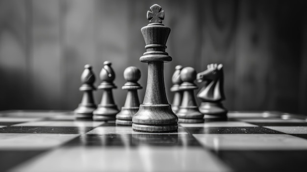 A black and white chess board with a king and pawns