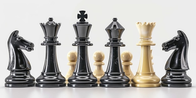 Black and white chess pieces arranged in a group suitable for strategy concepts