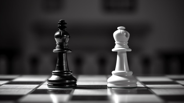 A black and white chess pieces on a chessboard