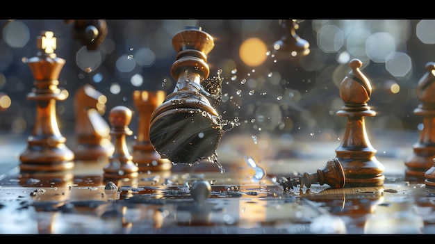 Black and white chess pieces on a reflective surface with water droplets The black king is being knocked over by a white pawn