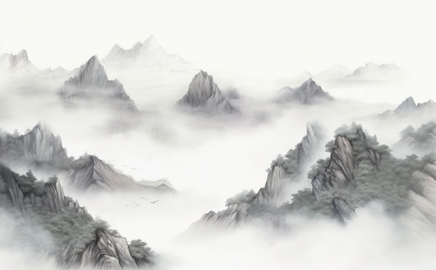 Black and white Chinese style ink landscape handpainted illustration Chinese freehand ink