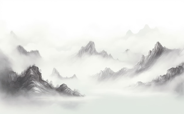 Black and white Chinese style ink landscape handpainted illustration Chinese freehand ink