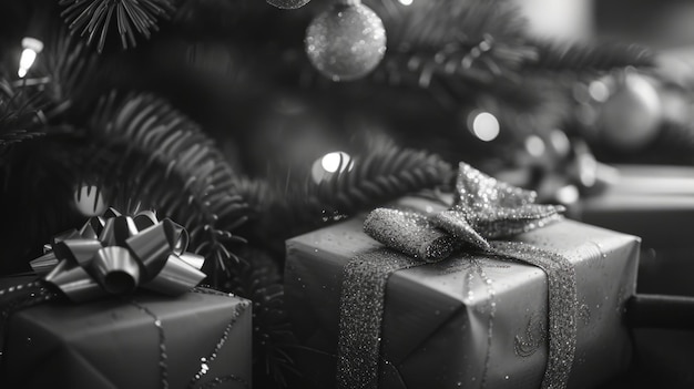 Black and white Christmas tree with two gifts on it