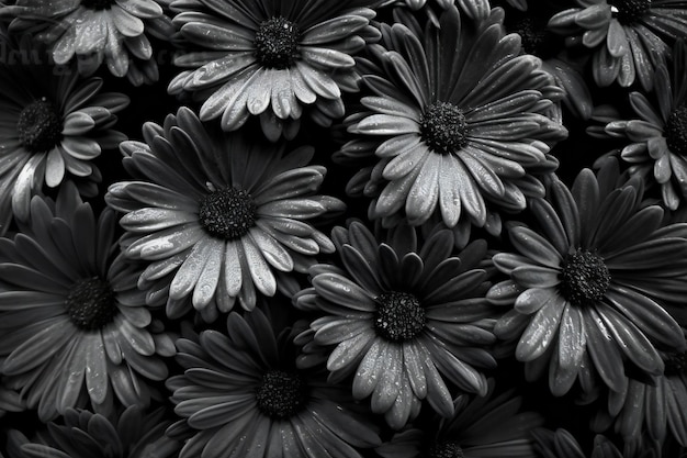 Black and white chrysanthemums with water drops on petals