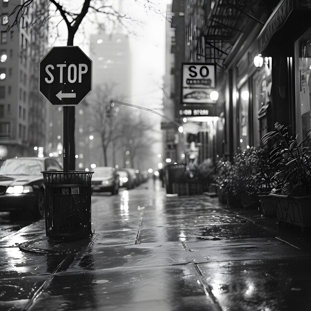 Black and white cityscape with a stop sign wet pavement and street lights on a foggy evening