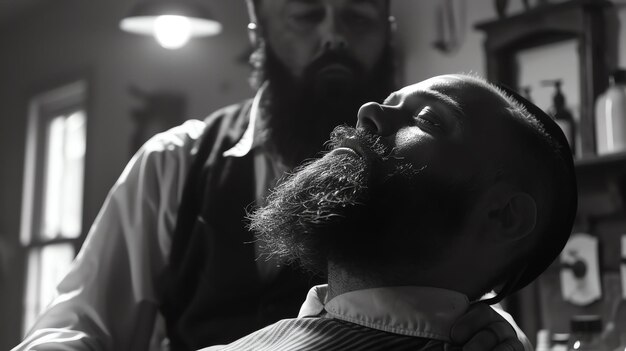 A black and white close up of a man getting his beard trimmed at a barbershop