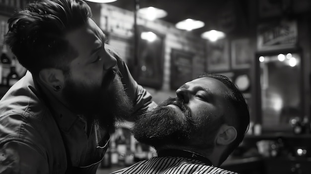 A black and white close up of a man getting his beard trimmed by a barber The barber is carefully trimming the mans beard with a pair of scissors