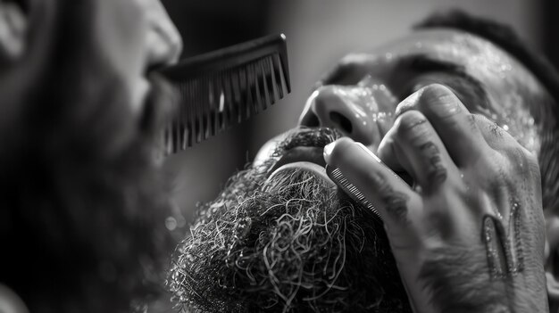 Black and white close up of a man getting his beard trimmed with a comb and scissors