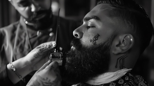 Photo a black and white close up of a man getting his beard trimmed with an electric razor the man has his eyes closed and looks relaxed