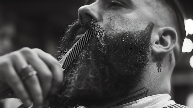 A black and white close up of a man getting his beard trimmed with an electric razor The man is looking down at the razor as the barber works