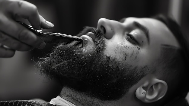 Black and white close up of a man getting his beard trimmed with an electric razor The man is relaxed with his eyes closed