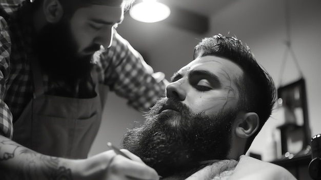 A black and white close up of a man getting his beard trimmed with an old fashioned straight razor by a barber