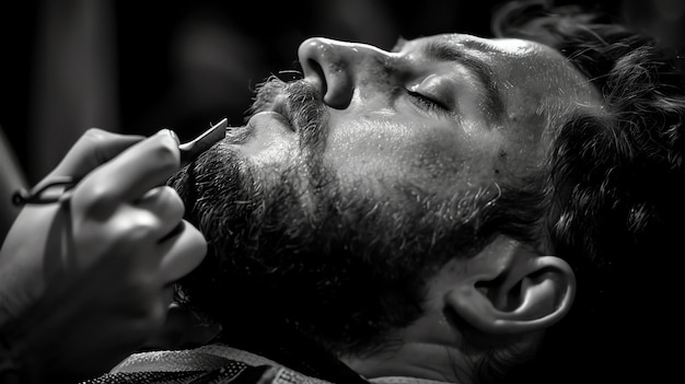 A black and white close up of a man getting his beard trimmed with a straight razor The mans eyes are closed and he looks relaxed