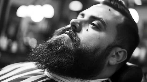 A black and white close up portrait of a man with a beard and mustache getting his beard trimmed with an electric razor by a barber wearing a striped