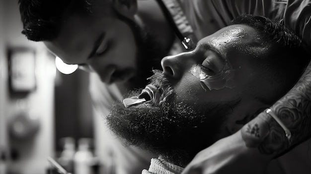 A black and white closeup photo of a man getting his beard shaved at a barbershop