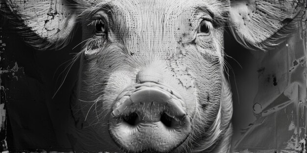 A black and white closeup photo of a pig39s face Perfect for farm or animal themed designs