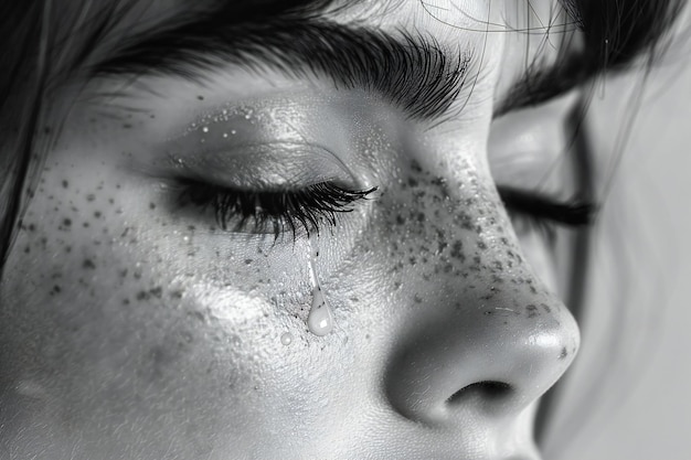 Black and white closeup portrait of young woman with tear on face crying in tears close up view to