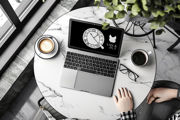 Photo black and white coffee enthusiasts workspace with a laptop notebook and coffee cup