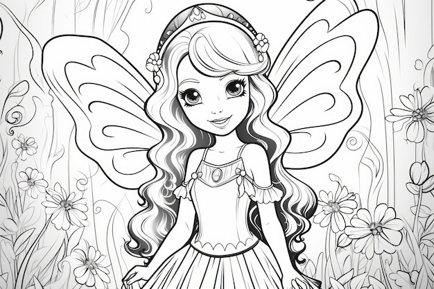 black and white coloring book for kids cute fairy