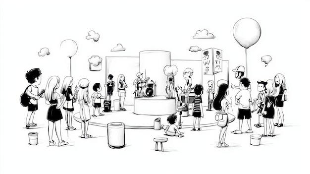 Photo a black and white coloring book page of a concert stage with musicians singers and fans