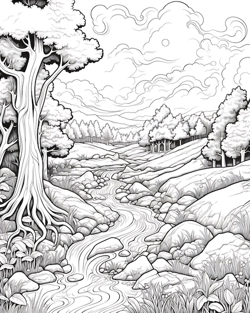 Black and White Coloring Page with Trees