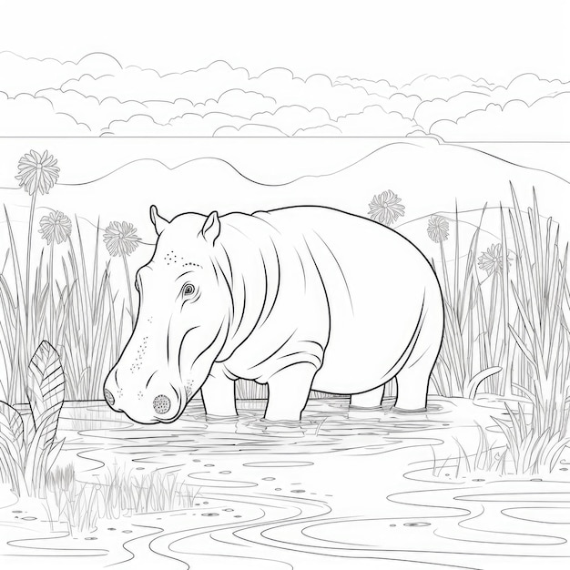 Black and white coloring picture of a hippopotamus