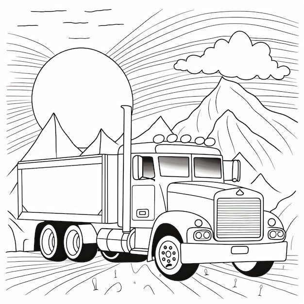 Photo black and white coloring picture of a truck with car carrier