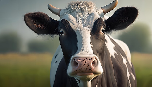 A black and white cow is standing in a field.