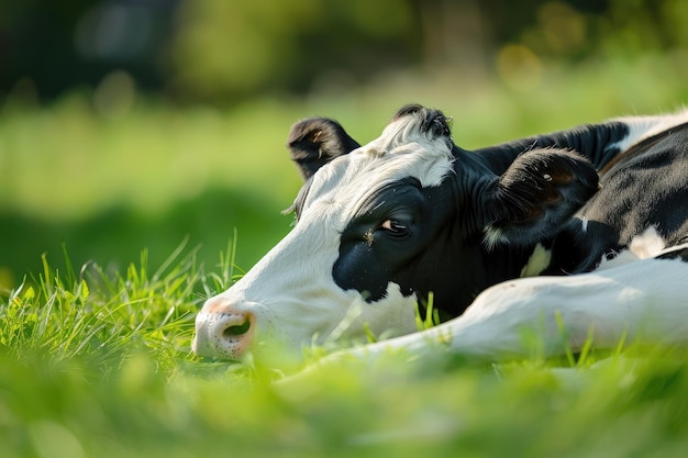 Black and white cow lying down on green grass