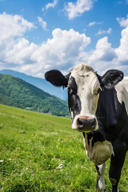 Black and white cow in spring or summer sunny field Cattle cow grazing on farmland