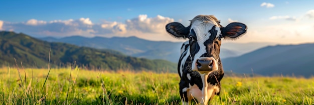 Black and white cow in spring or summer sunny field Cattle cow grazing on farmland