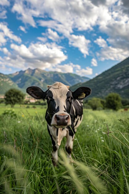 Black and white cow in spring or summer sunny field Cattle cow grazing on farmland