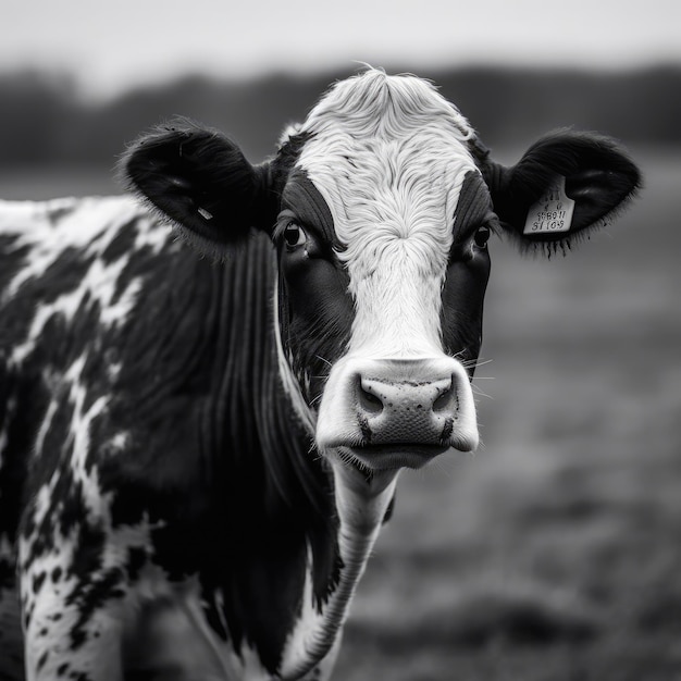 A black and white cow with a tag on its ear is standing in a field.