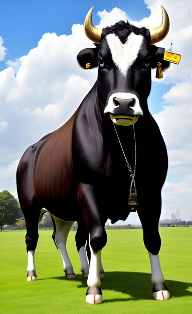 A black and white cow with a tag on its ear is standing in a field.