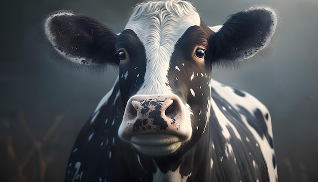 A black and white cow with a white face and black spots.