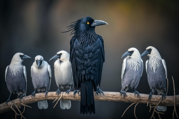 Black and white crows ravens on a branch Generative AI