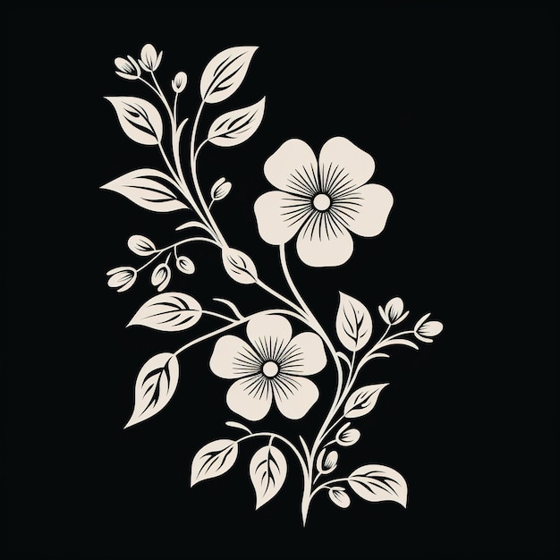 a black and white design with flowers and leaves