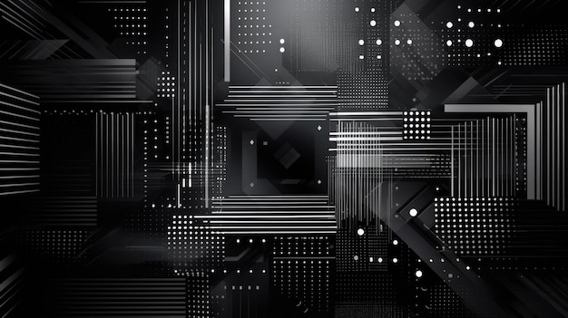 Black and white digital art with geometric circuit patterns exuding a modern futuristic vibe