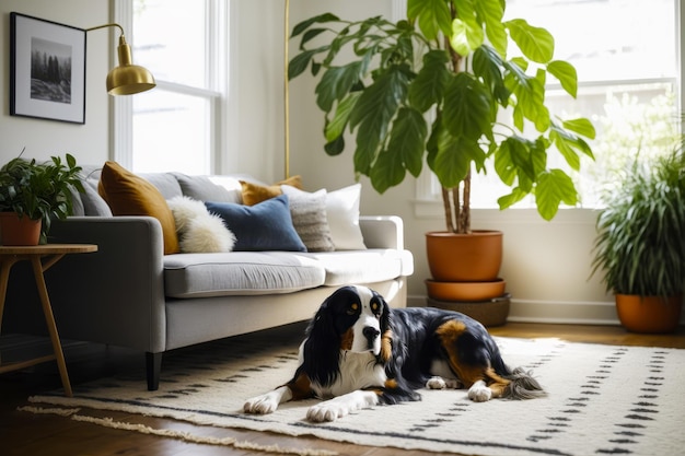 Black and white dog laying on rug in front of couch Generative AI