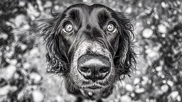 Black and white dog portrait closeup scared