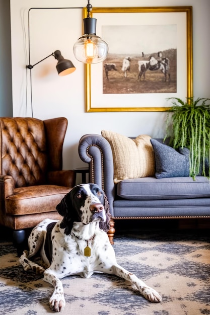 Black and white dog sitting in living room next to couch Generative AI