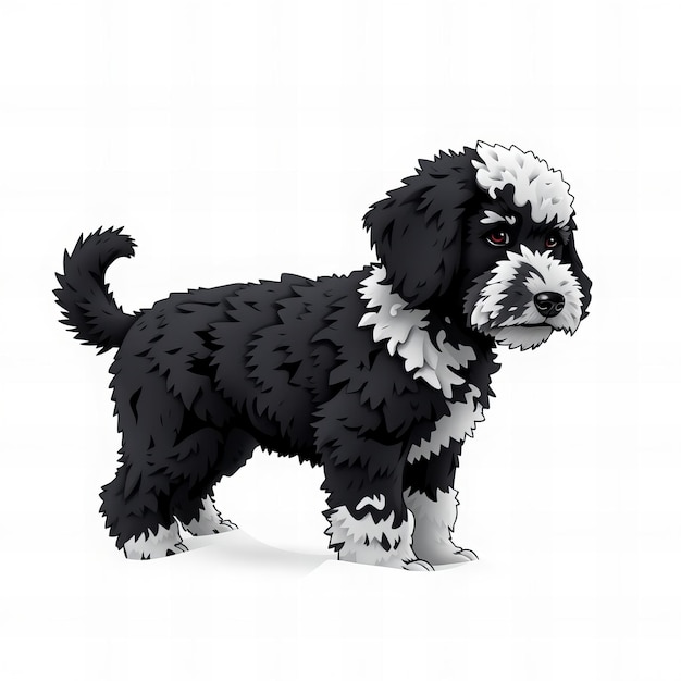 a black and white dog with black spots on its fur