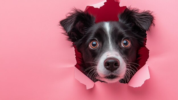 Photo a black and white dog with a pink background peeking out of a hole