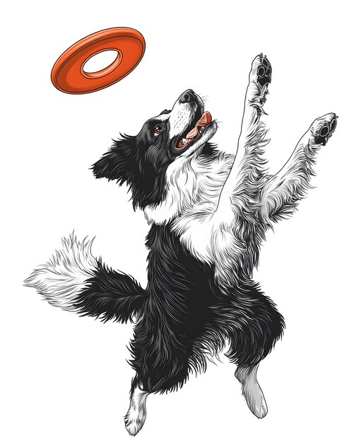 Photo a black and white dog with a red frisbee in the air