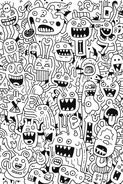 A black and white doodle of many different monsters.